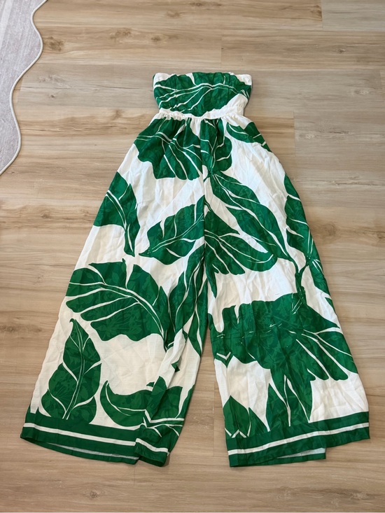 Pants - Strapless Green Leaf Wide-Leg Jumpsuit